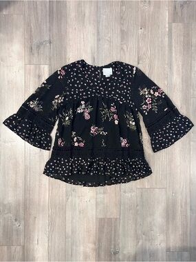 Maeve Anthropologie Black Floral Ruffle Peasant Blouse